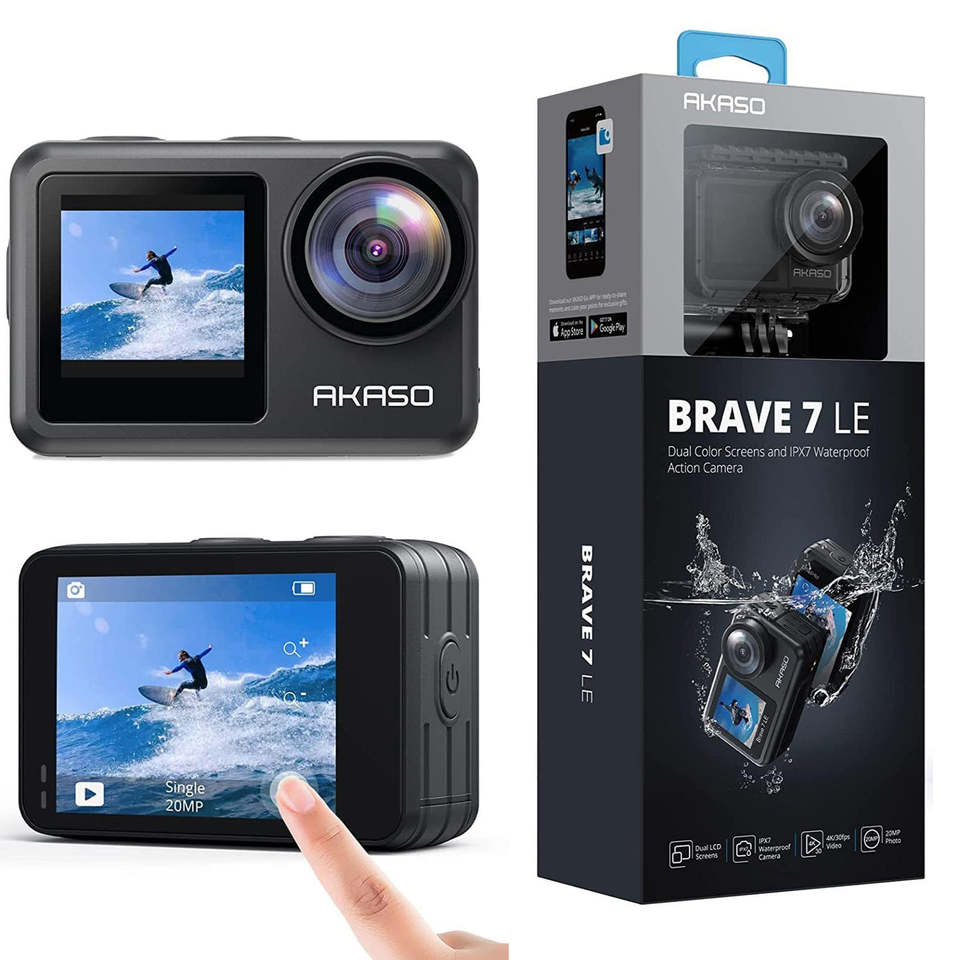 AKASO Brave 7 LE 4K60 Action Camera 20MP 131ft Waterproof WiFi Touch Screen Remote Control - 128GB MicroSD